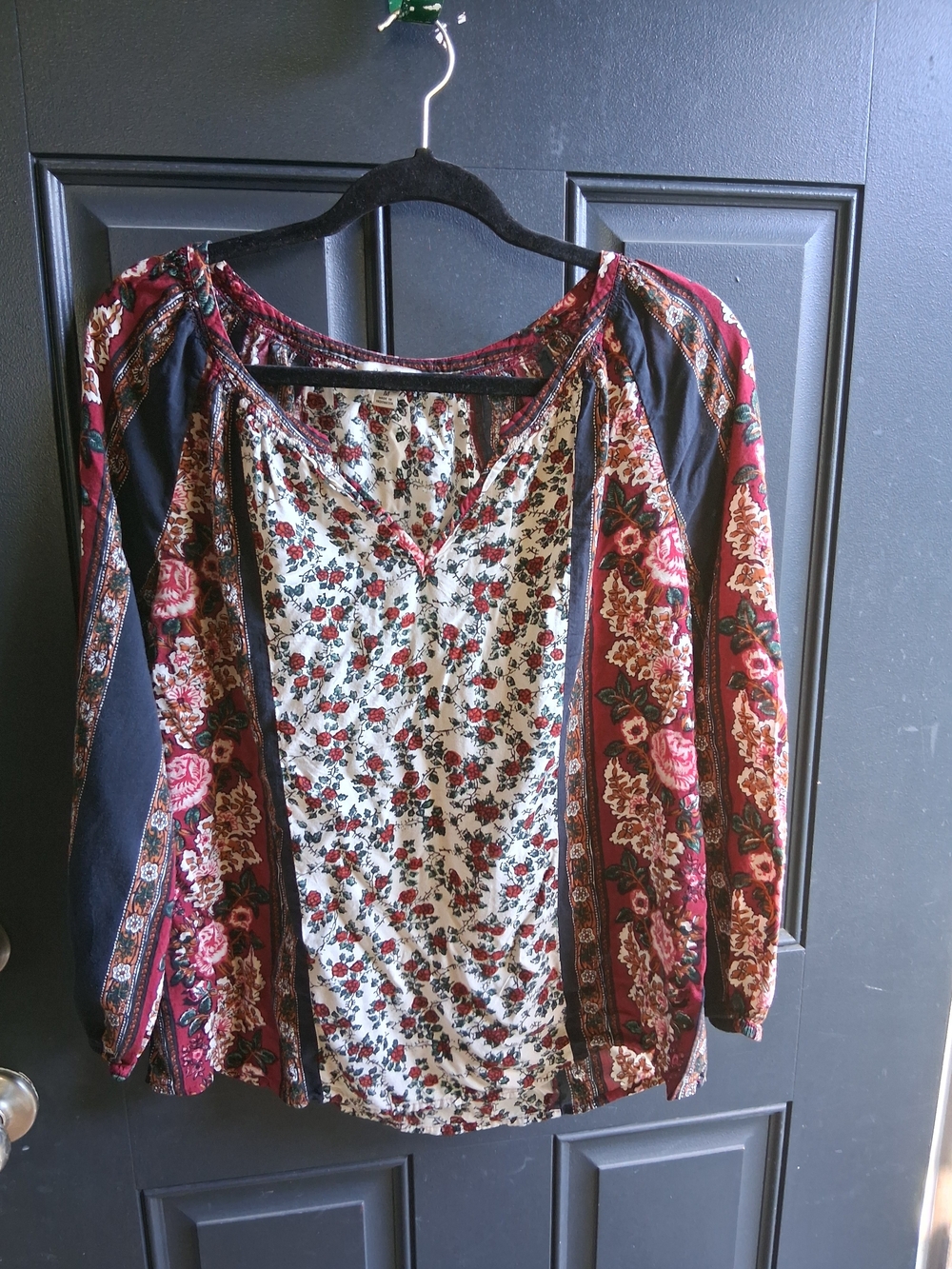 Lucky Brand Burgundy and Black Mixed Floral Peasant Top